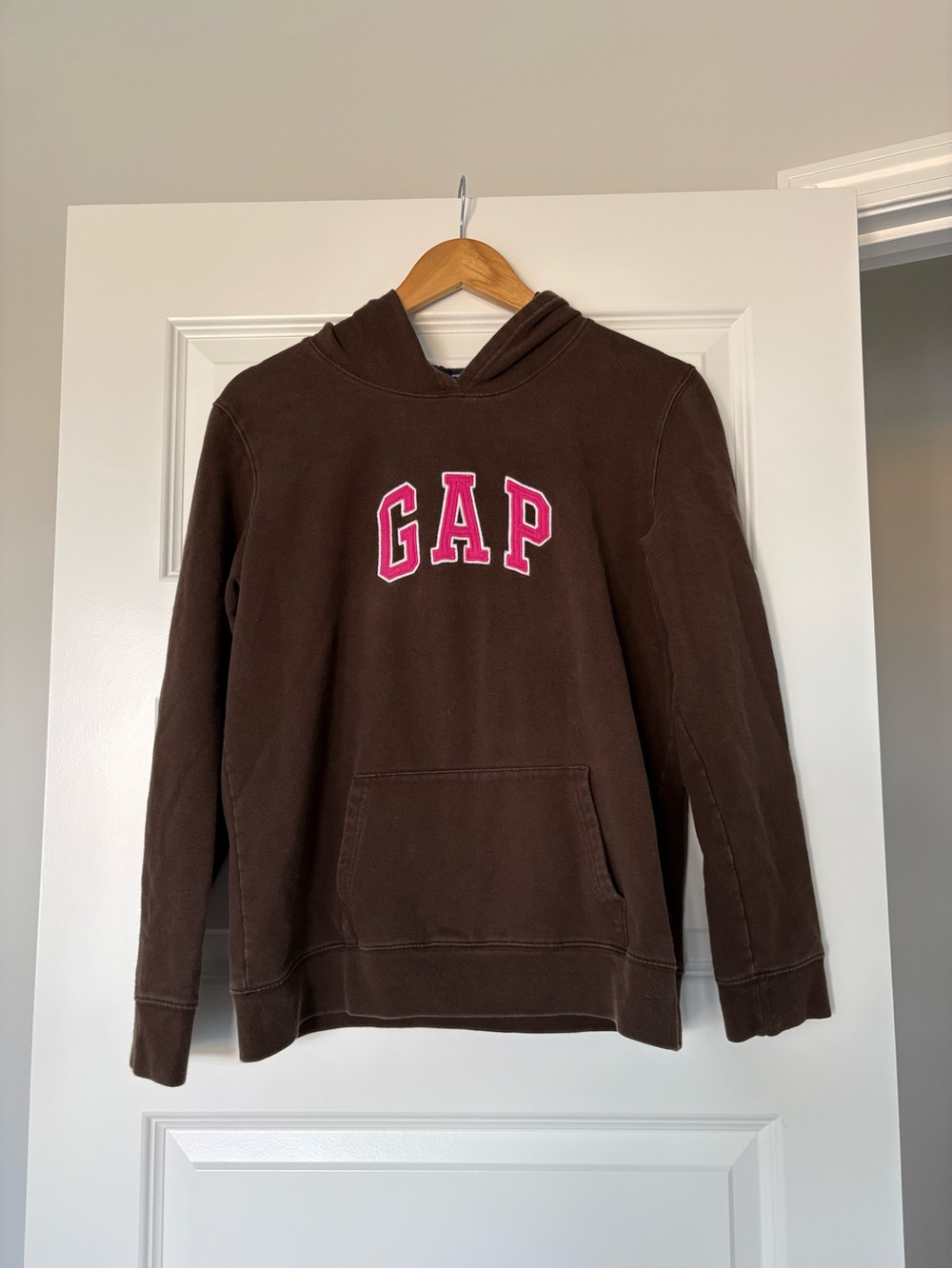 GAP Chocolate Brown Hoodie with Pink Logo Women's Large Vanilla Girl Casual